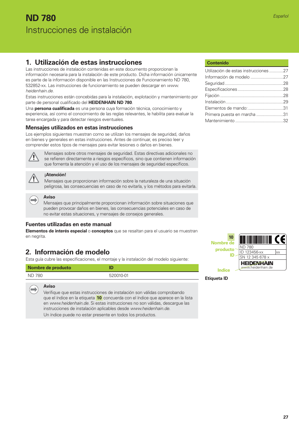 Nd 780 instrucciones de instalación, Utilización de estas instrucciones, Información de modelo | HEIDENHAIN ND 780 Installation User Manual | Page 27 / 132