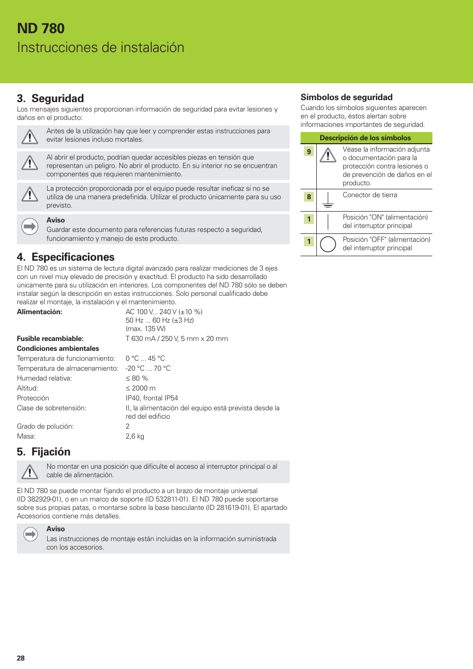 Nd 780 instrucciones de instalación, Seguridad, Especificaciones | Fijación | HEIDENHAIN ND 780 Installation User Manual | Page 28 / 132