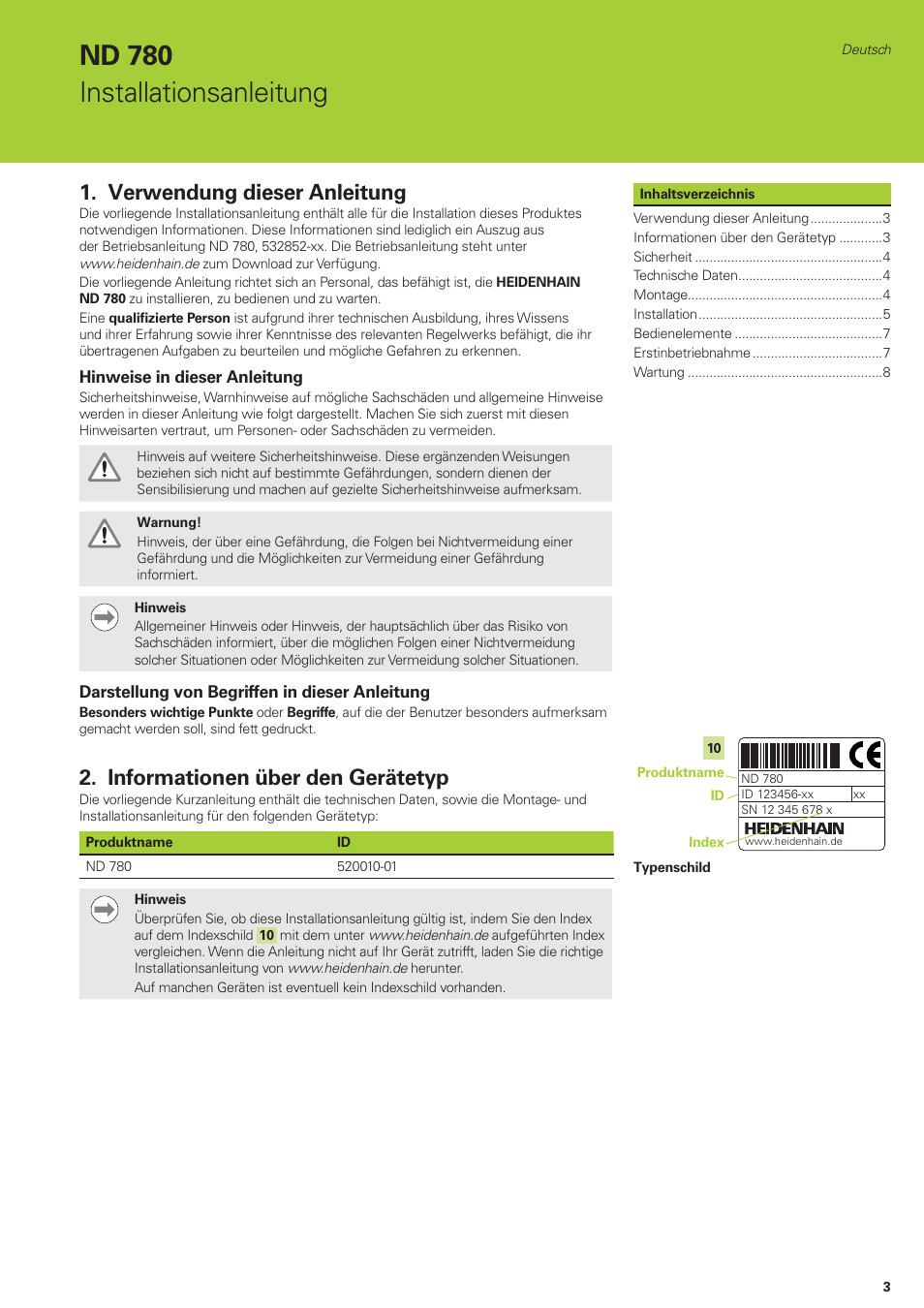 Nd 780 installationsanleitung, Verwendung dieser anleitung, Informationen über den gerätetyp | HEIDENHAIN ND 780 Installation User Manual | Page 3 / 132