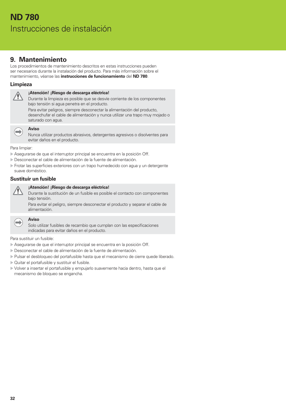 Nd 780 instrucciones de instalación, Mantenimiento | HEIDENHAIN ND 780 Installation User Manual | Page 32 / 132