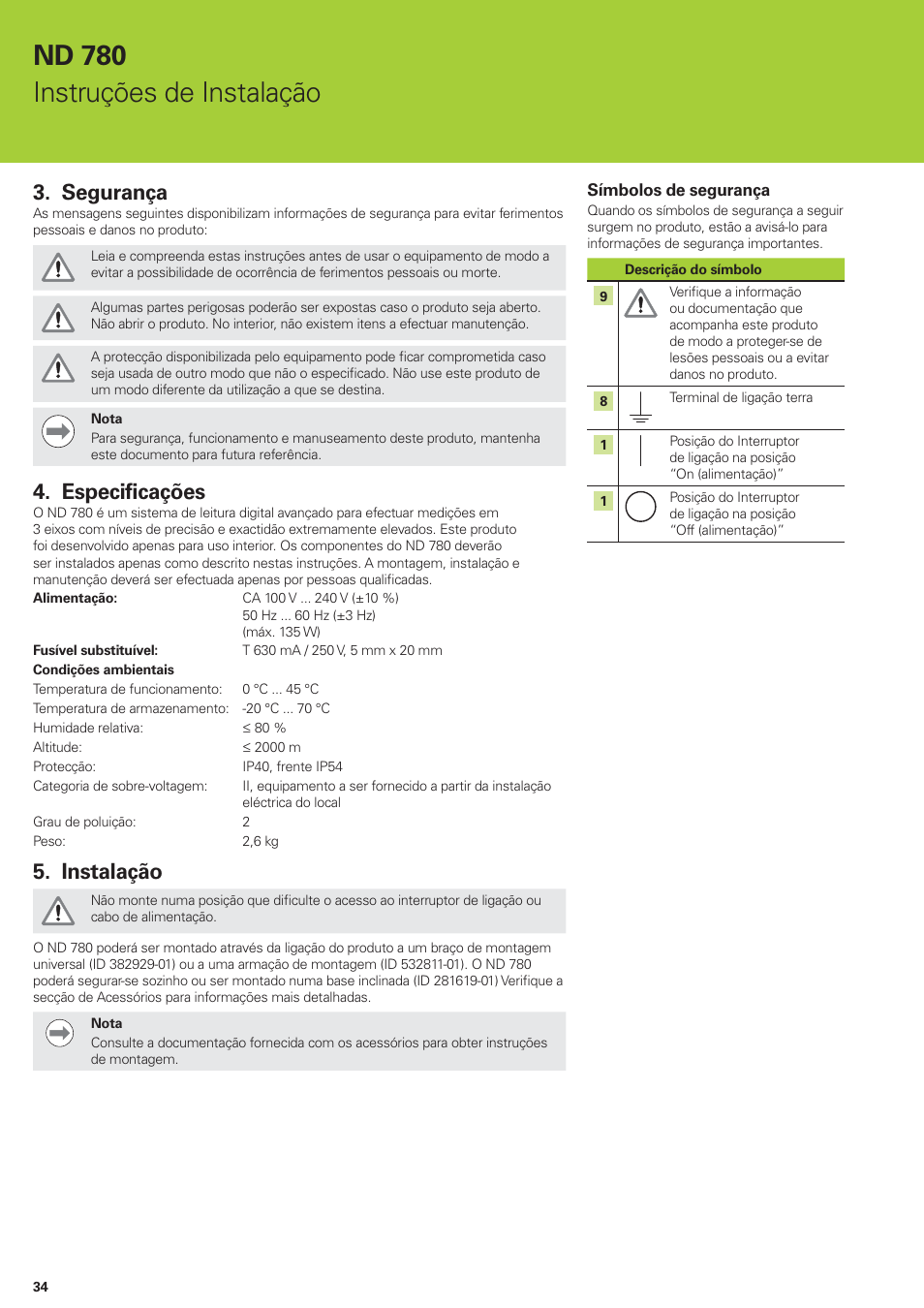 Nd 780 instruções de instalação, Segurança, Especificações | Instalação | HEIDENHAIN ND 780 Installation User Manual | Page 34 / 132