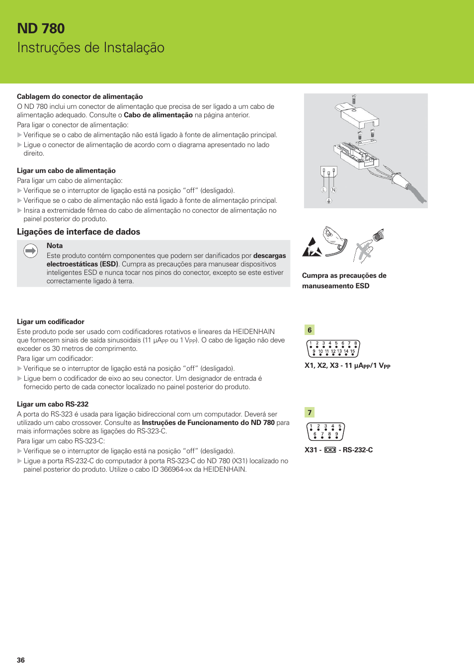 Nd 780 instruções de instalação, Ligações de interface de dados | HEIDENHAIN ND 780 Installation User Manual | Page 36 / 132