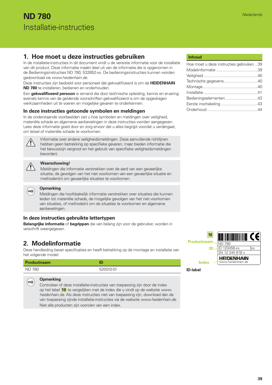 Nd 780 installatie-instructies, Hoe moet u deze instructies gebruiken, Modelinformatie | HEIDENHAIN ND 780 Installation User Manual | Page 39 / 132