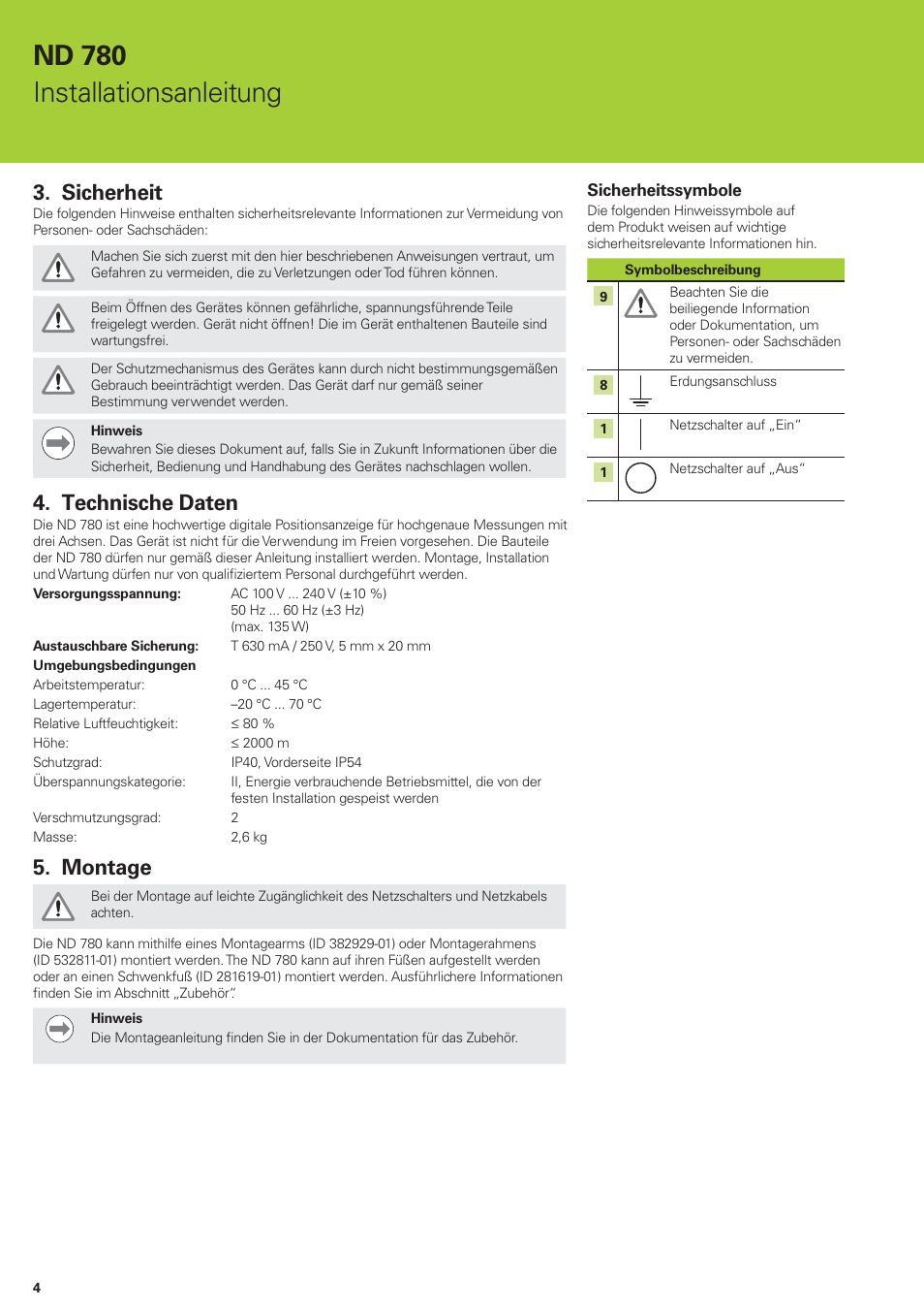 Nd 780 installationsanleitung, Sicherheit, Technische daten | Montage | HEIDENHAIN ND 780 Installation User Manual | Page 4 / 132