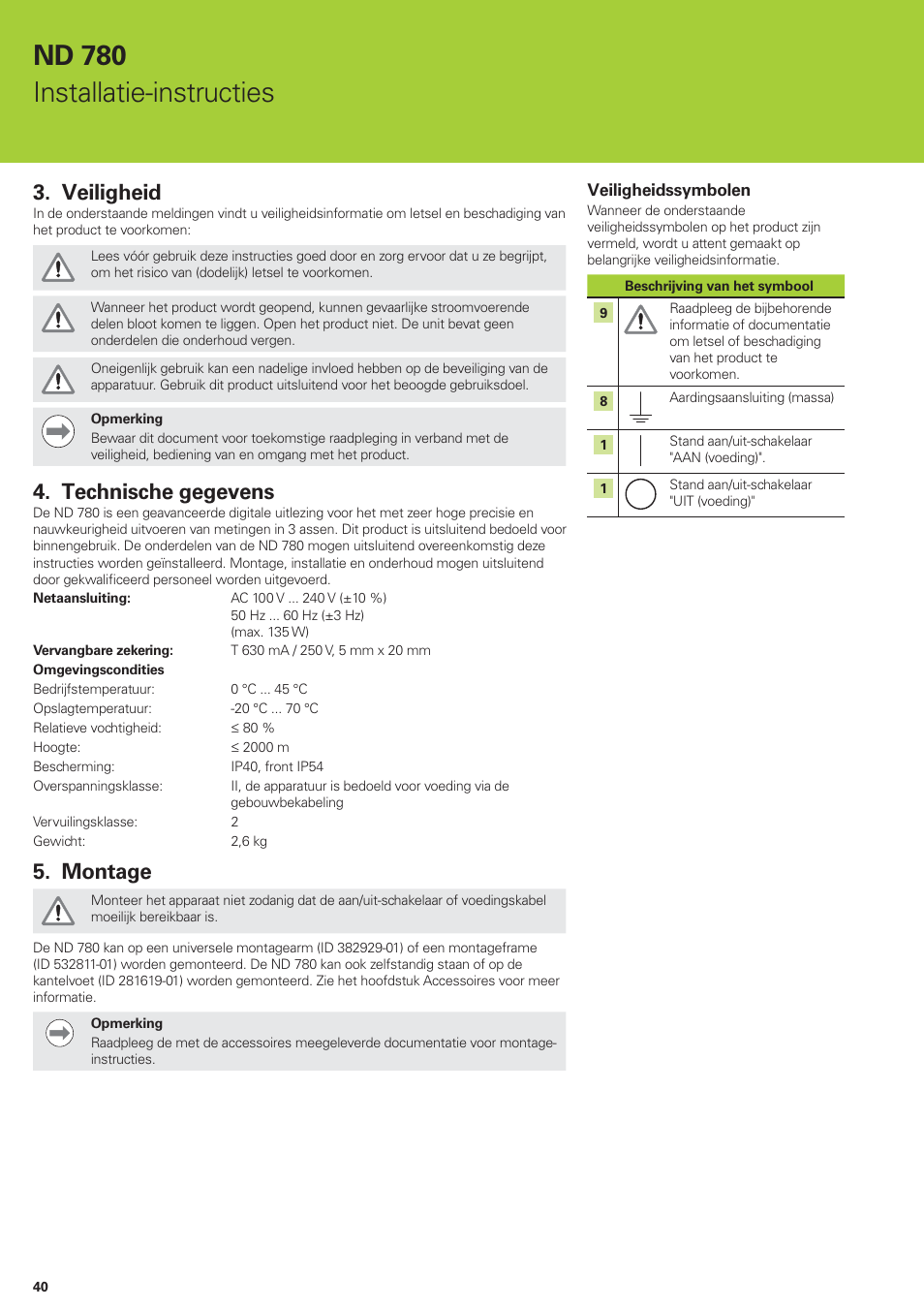Nd 780 installatie-instructies, Veiligheid, Technische gegevens | Montage | HEIDENHAIN ND 780 Installation User Manual | Page 40 / 132