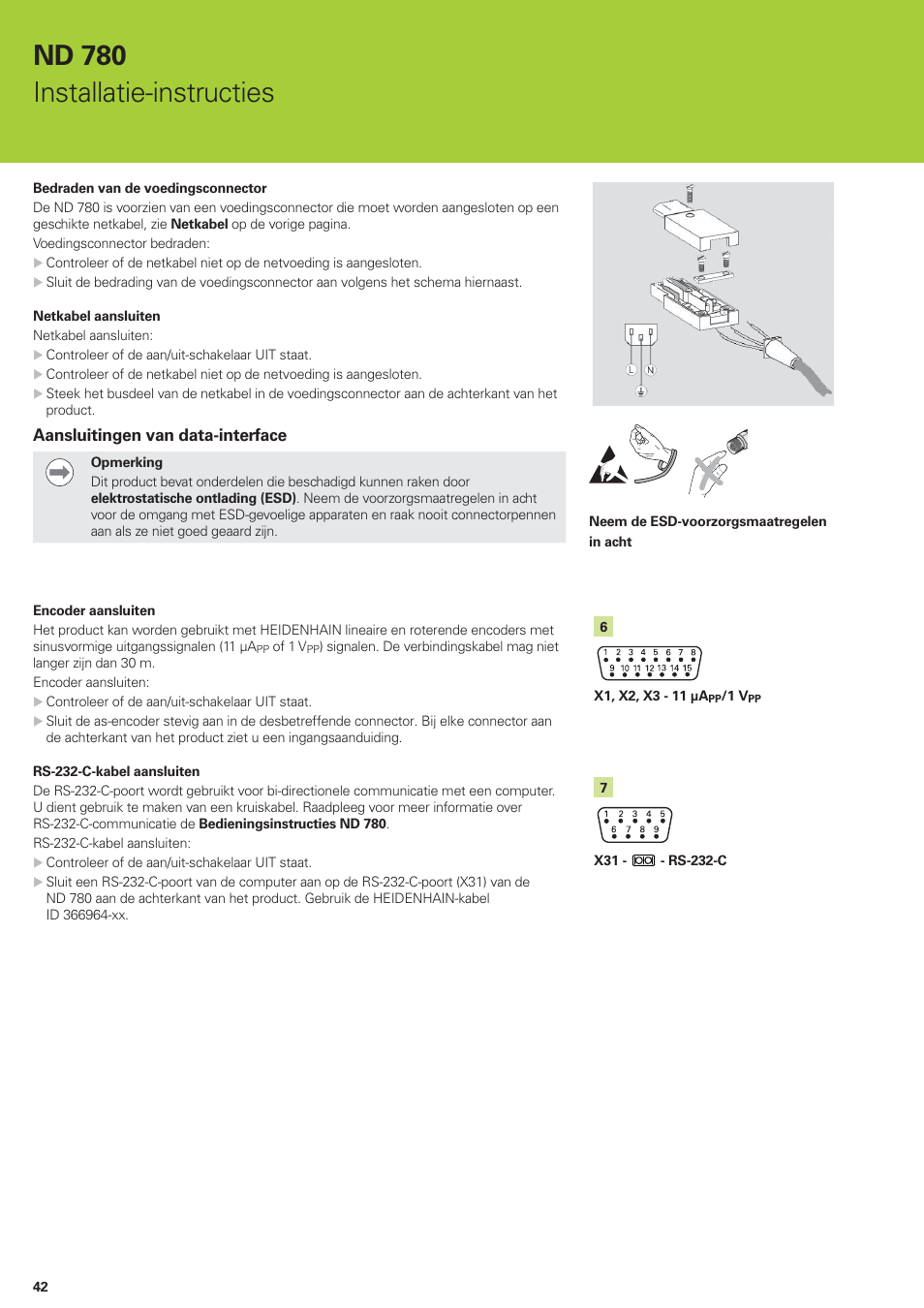 Nd 780 installatie-instructies, Aansluitingen van data-interface | HEIDENHAIN ND 780 Installation User Manual | Page 42 / 132