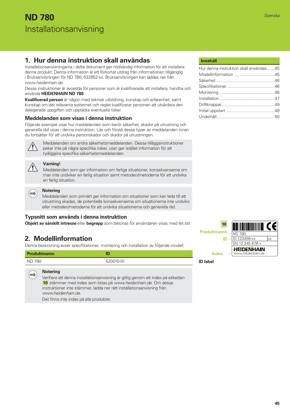 Nd 780 installationsanvisning, Hur denna instruktion skall användas, Modellinformation | HEIDENHAIN ND 780 Installation User Manual | Page 45 / 132