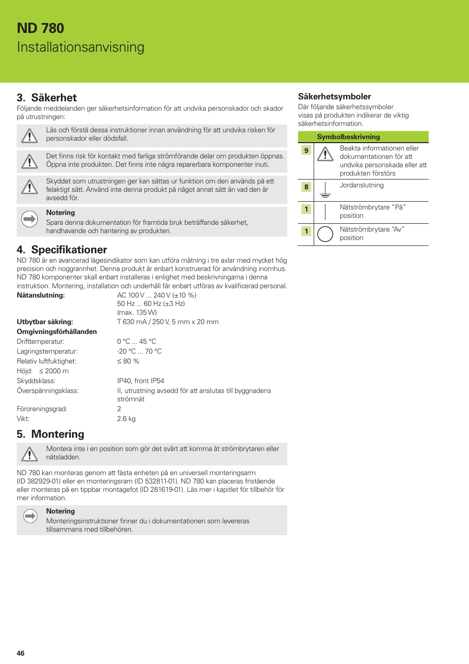 Nd 780 installationsanvisning, Säkerhet, Specifikationer | Montering | HEIDENHAIN ND 780 Installation User Manual | Page 46 / 132