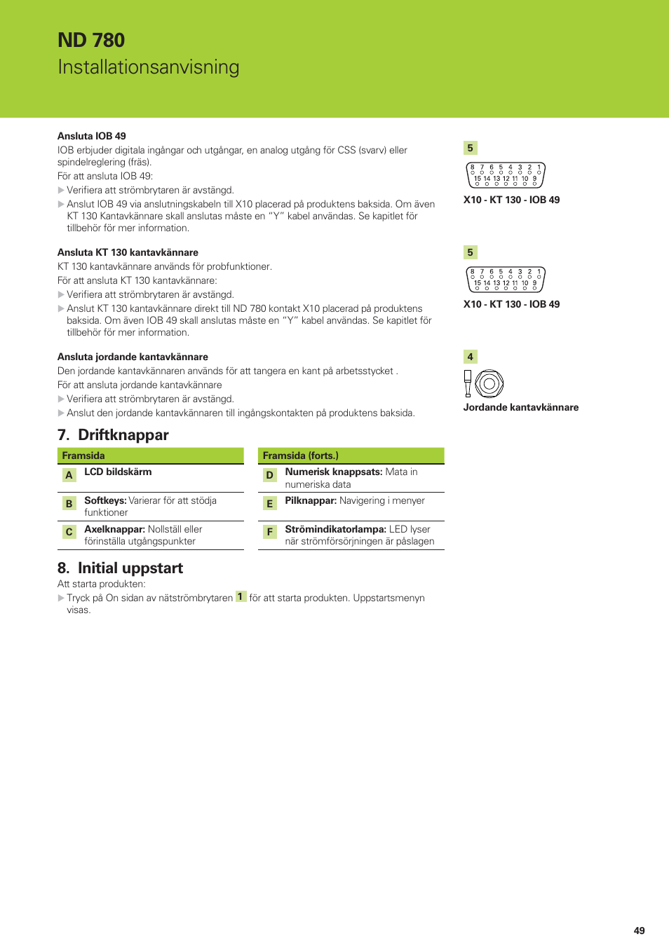 Nd 780 installationsanvisning, Driftknappar, Initial uppstart | HEIDENHAIN ND 780 Installation User Manual | Page 49 / 132