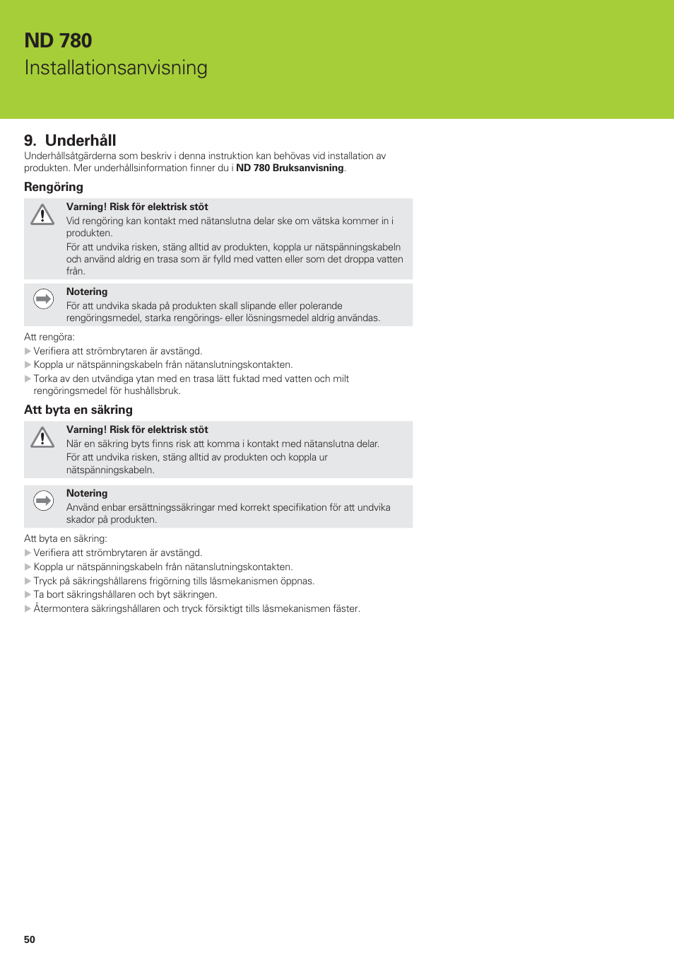 Nd 780 installationsanvisning, Underhåll | HEIDENHAIN ND 780 Installation User Manual | Page 50 / 132