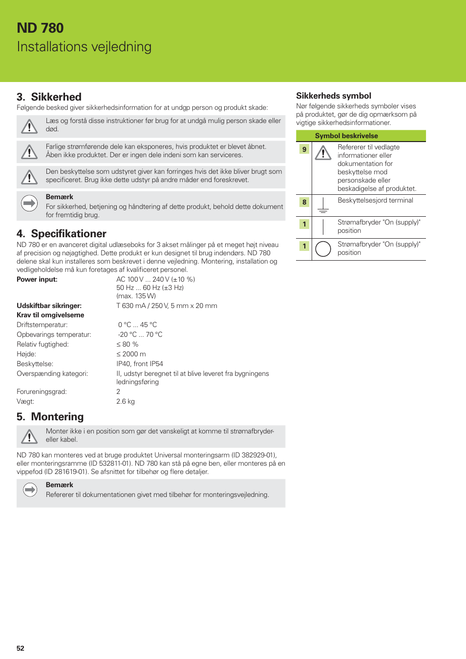 Nd 780 installations vejledning, Sikkerhed, Specifikationer | Montering | HEIDENHAIN ND 780 Installation User Manual | Page 52 / 132