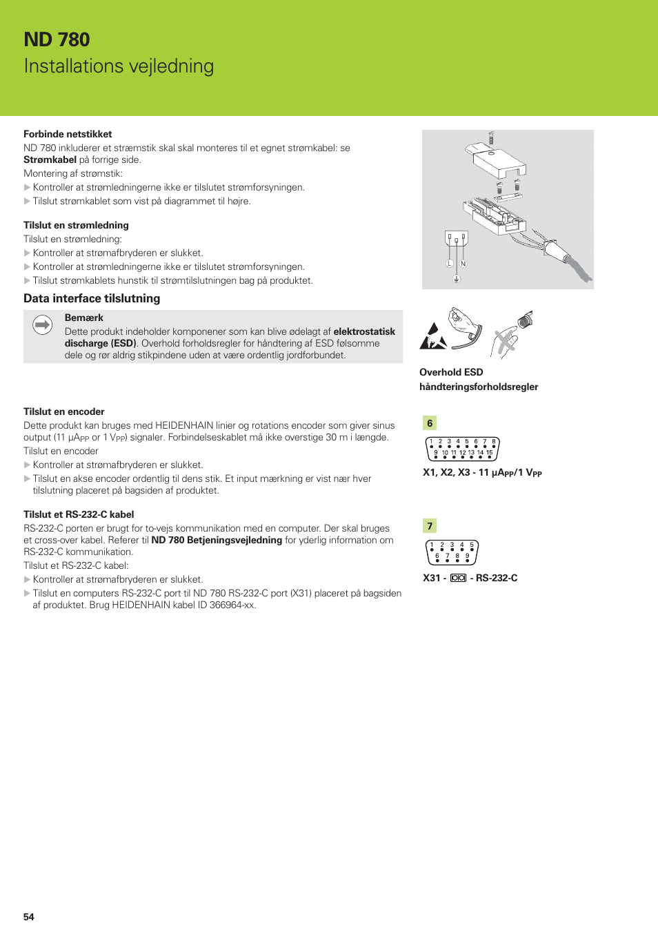 Nd 780 installations vejledning, Data interface tilslutning | HEIDENHAIN ND 780 Installation User Manual | Page 54 / 132