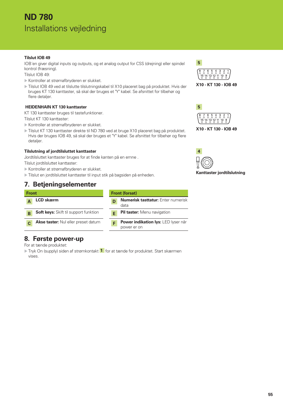 Nd 780 installations vejledning, Betjeningselementer, Første power-up | HEIDENHAIN ND 780 Installation User Manual | Page 55 / 132