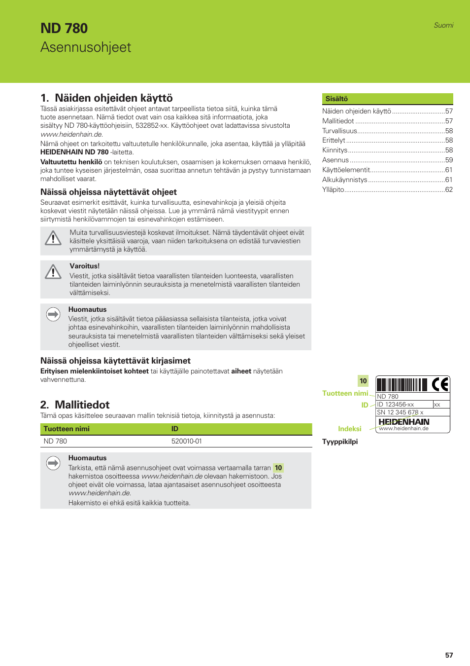 Nd 780 asennusohjeet, Näiden ohjeiden käyttö, Mallitiedot | HEIDENHAIN ND 780 Installation User Manual | Page 57 / 132