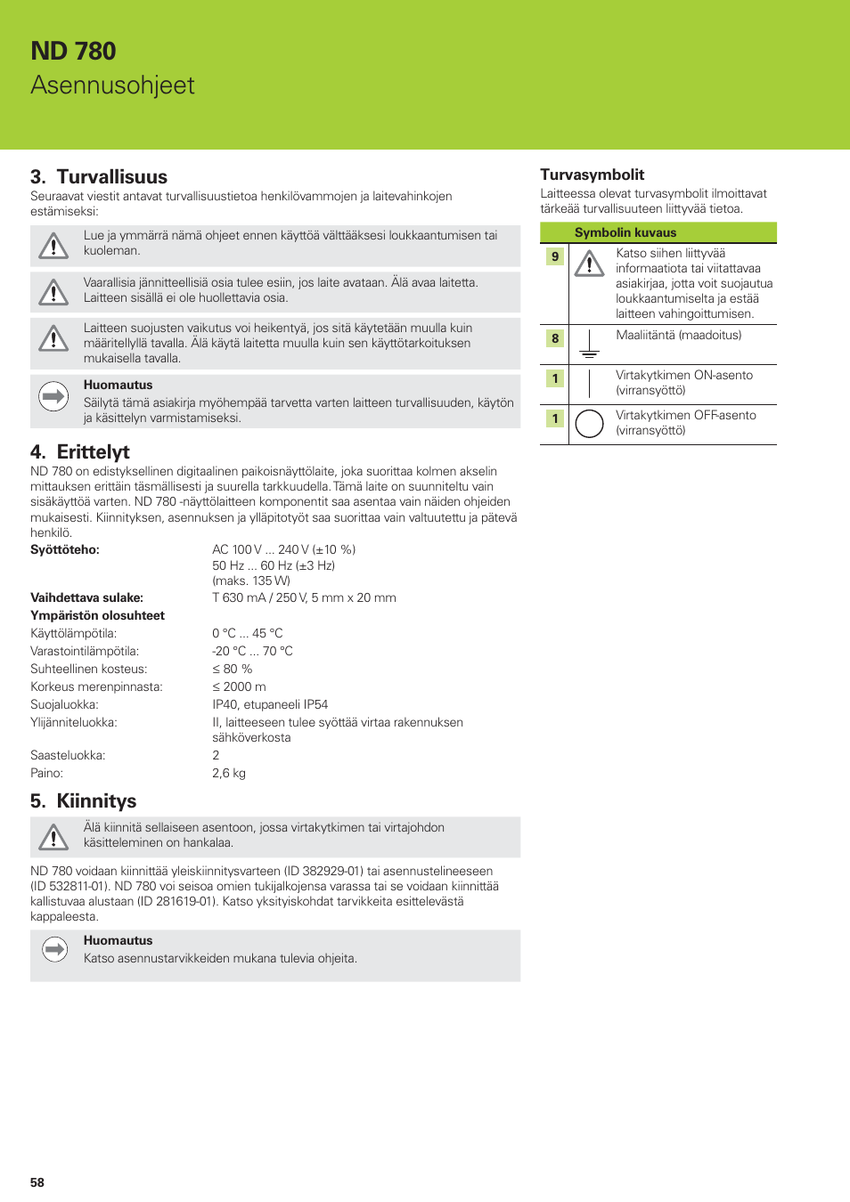 Nd 780 asennusohjeet, Turvallisuus, Erittelyt | Kiinnitys | HEIDENHAIN ND 780 Installation User Manual | Page 58 / 132