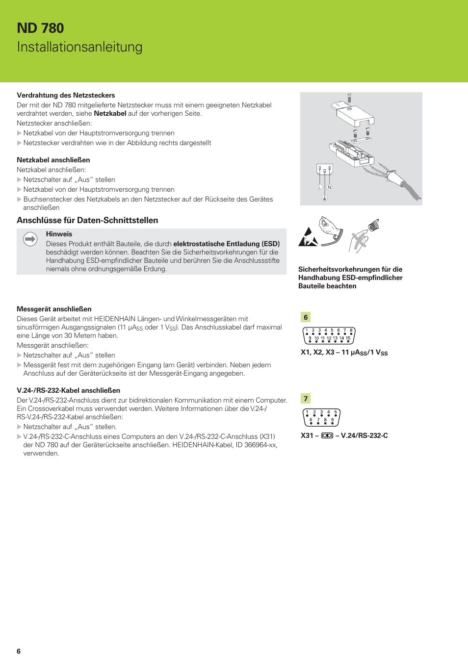 Nd 780 installationsanleitung, Anschlüsse für daten-schnittstellen | HEIDENHAIN ND 780 Installation User Manual | Page 6 / 132