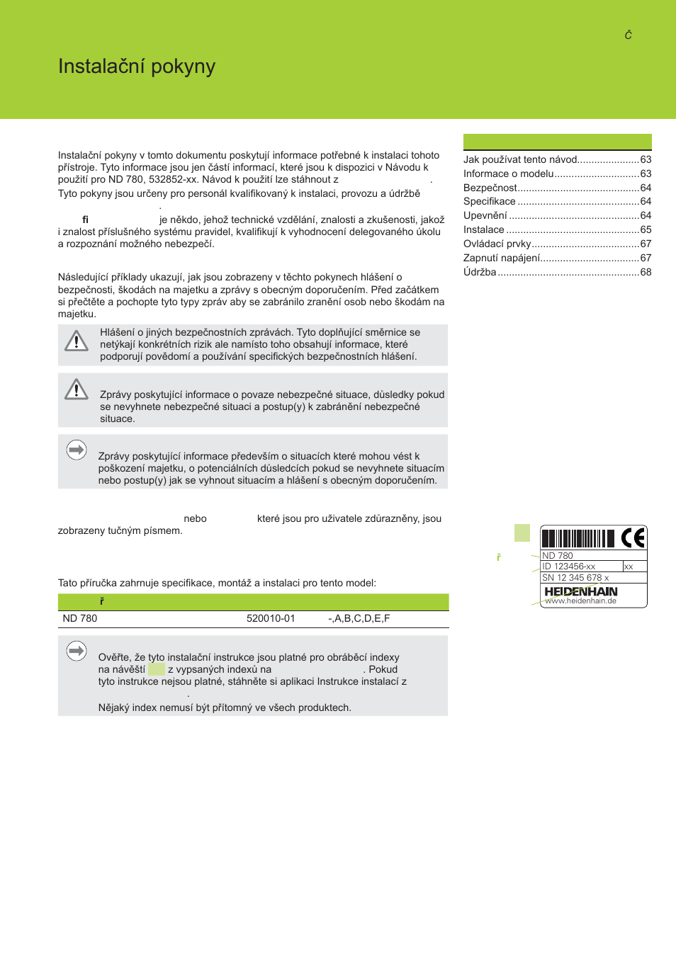 Nd 780 instalaþní pokyny, Jak používat tento návod, Informace o modelu | HEIDENHAIN ND 780 Installation User Manual | Page 63 / 132