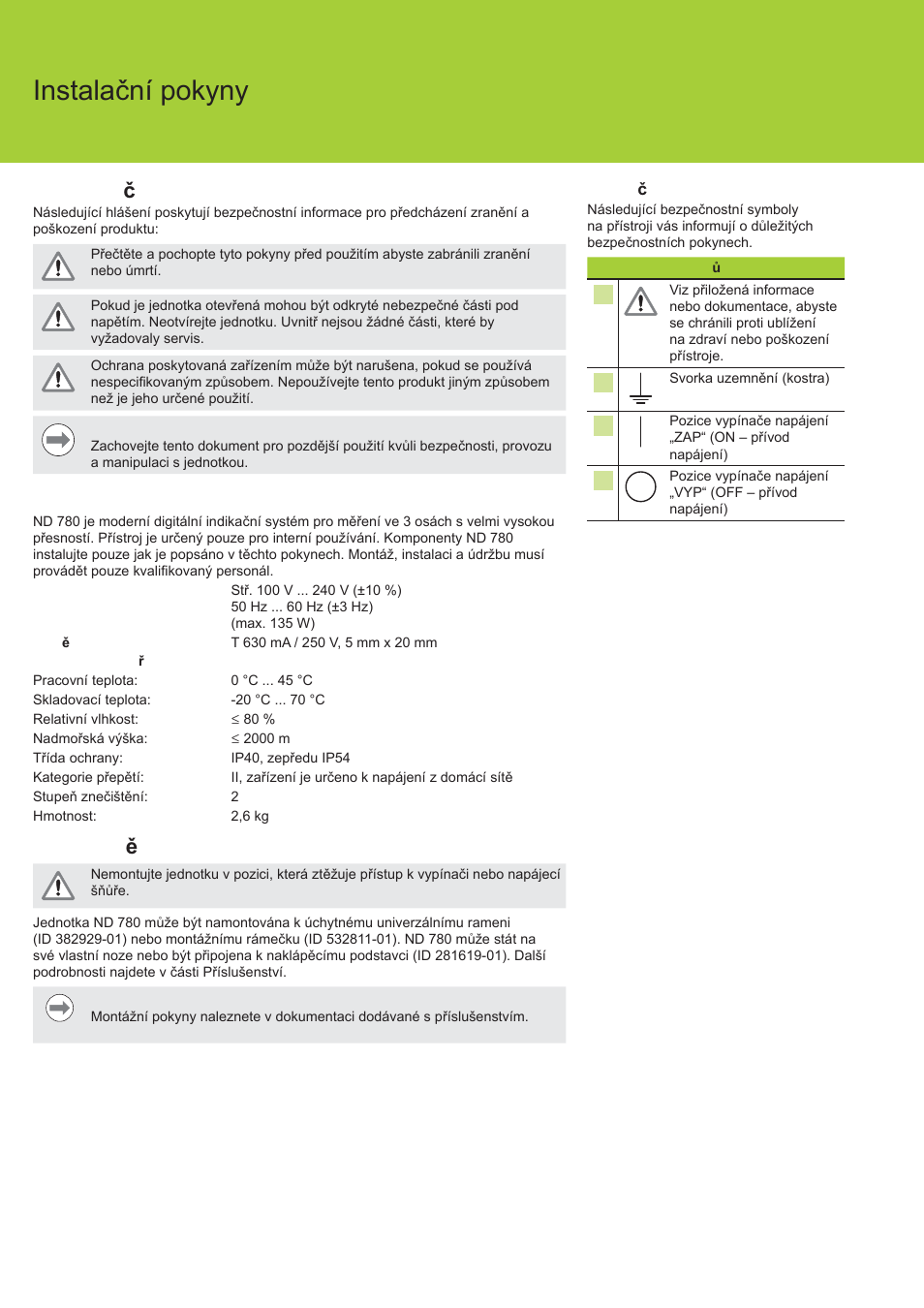 Nd 780 instalaþní pokyny, Bezpe þnost, Specifikace | Upevn ční | HEIDENHAIN ND 780 Installation User Manual | Page 64 / 132