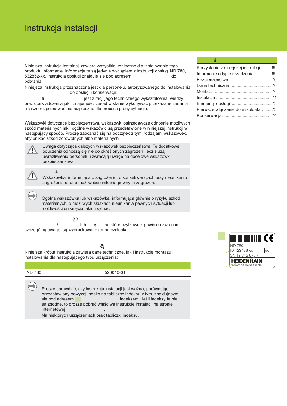 Nd 780 instrukcja instalacji, Korzystanie z niniejszej instrukcji, Informacje o typie urz ądzenia | HEIDENHAIN ND 780 Installation User Manual | Page 69 / 132
