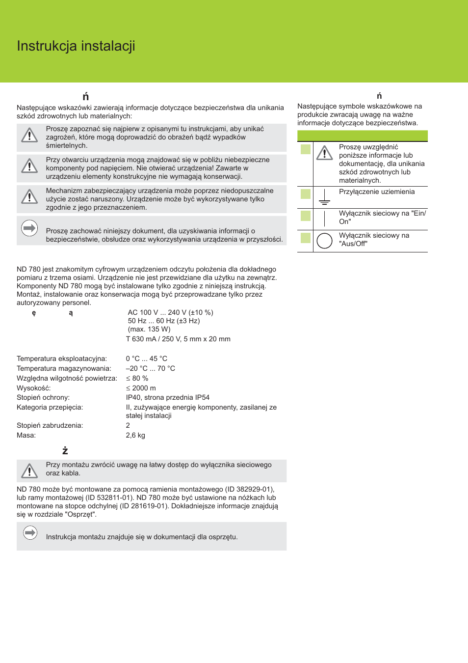 Nd 780 instrukcja instalacji, Bezpiecze ĕstwo, Dane techniczne | Monta ī | HEIDENHAIN ND 780 Installation User Manual | Page 70 / 132