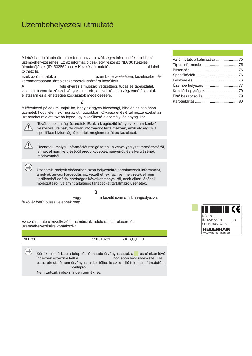 Nd 780 üzembehelyezési útmutató, Az útmutató alkalmazása, Típus információ | HEIDENHAIN ND 780 Installation User Manual | Page 75 / 132
