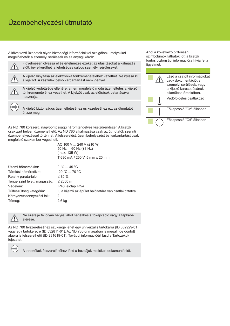 Nd 780 üzembehelyezési útmutató, Biztonság, Specifikációk | Felszerelés | HEIDENHAIN ND 780 Installation User Manual | Page 76 / 132