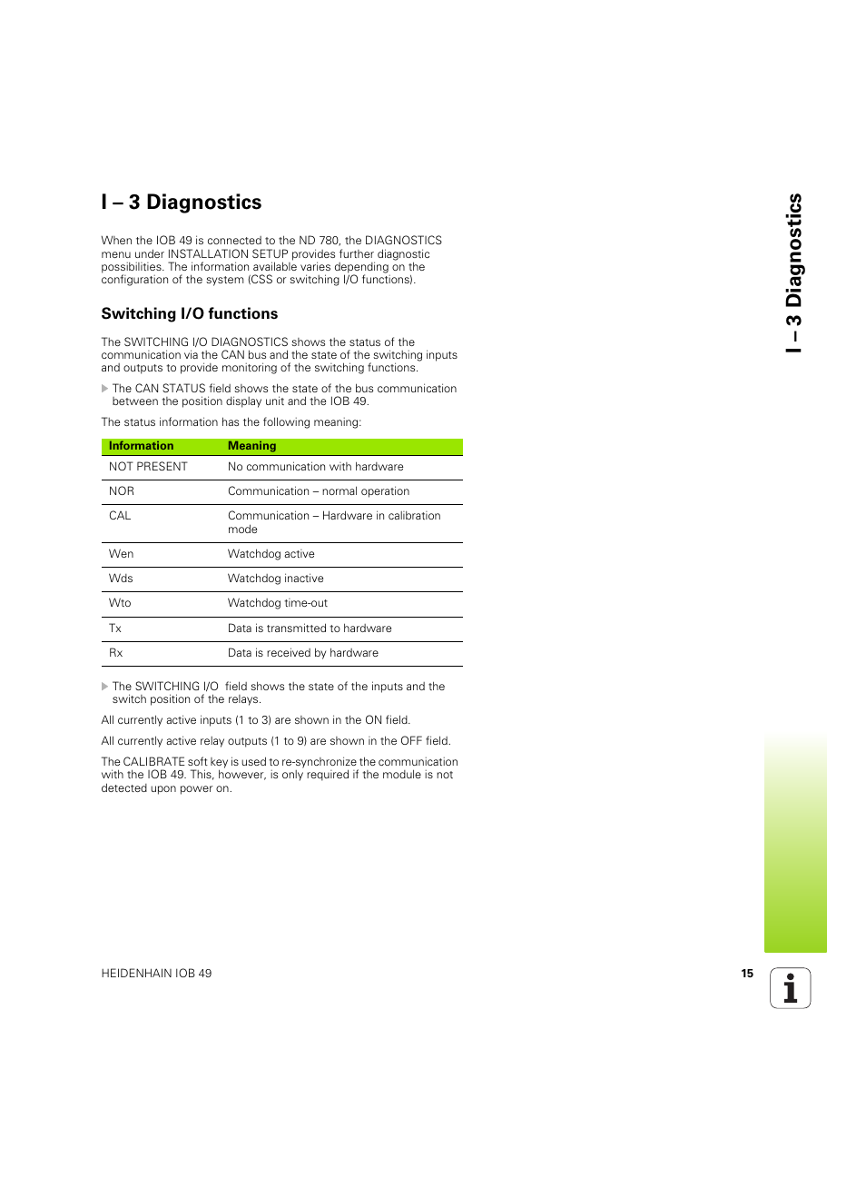 I - 3 diagnostics, Switching i/o functions, I – 3 diagnostics | HEIDENHAIN IOB 49 User Manual | Page 15 / 21