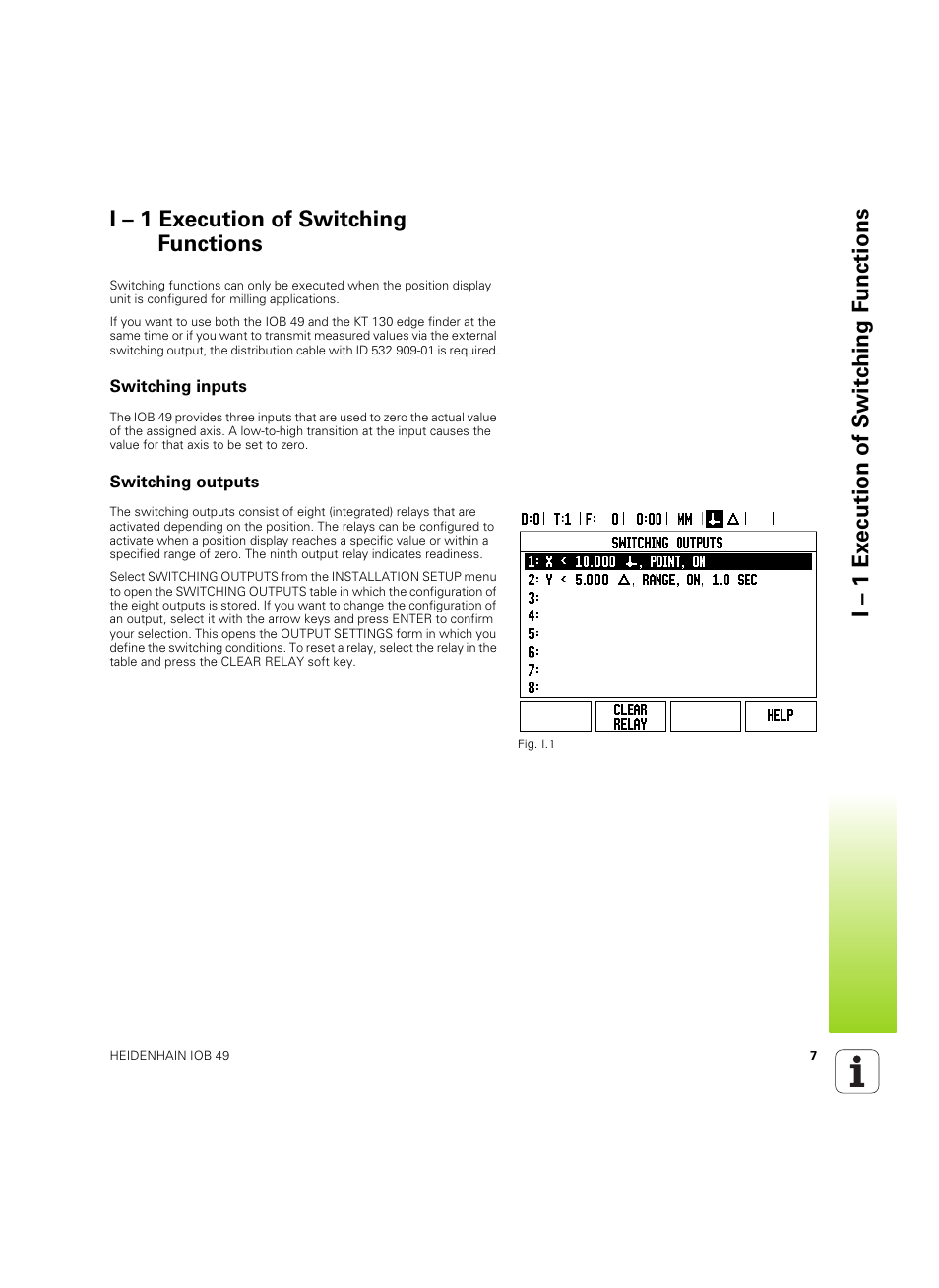 I - 1 execution of switching functions, Switching inputs, Switching outputs | I – 1 execution of switching functions | HEIDENHAIN IOB 49 User Manual | Page 7 / 21
