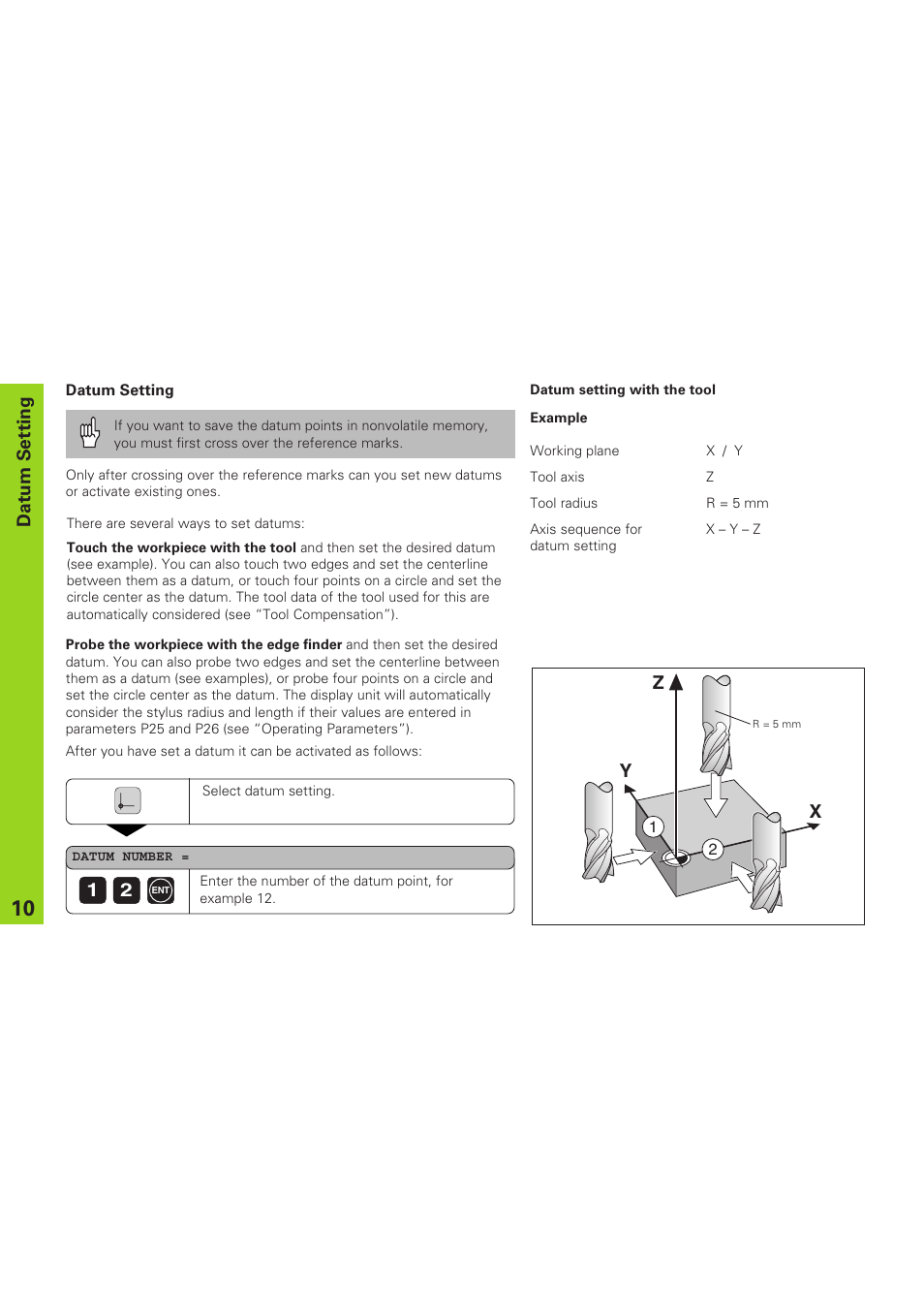 Datum setting, Datum setting with the tool, Datum setting y x | HEIDENHAIN ND 920 User Manual | Page 10 / 68