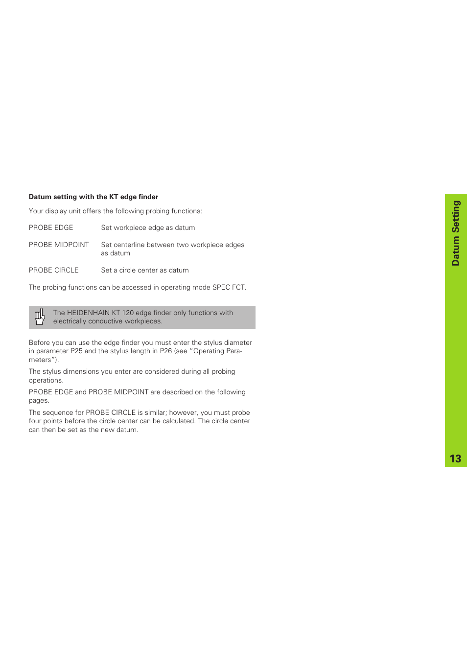 Datum setting with the kt edge finder, Datum setting | HEIDENHAIN ND 920 User Manual | Page 13 / 68