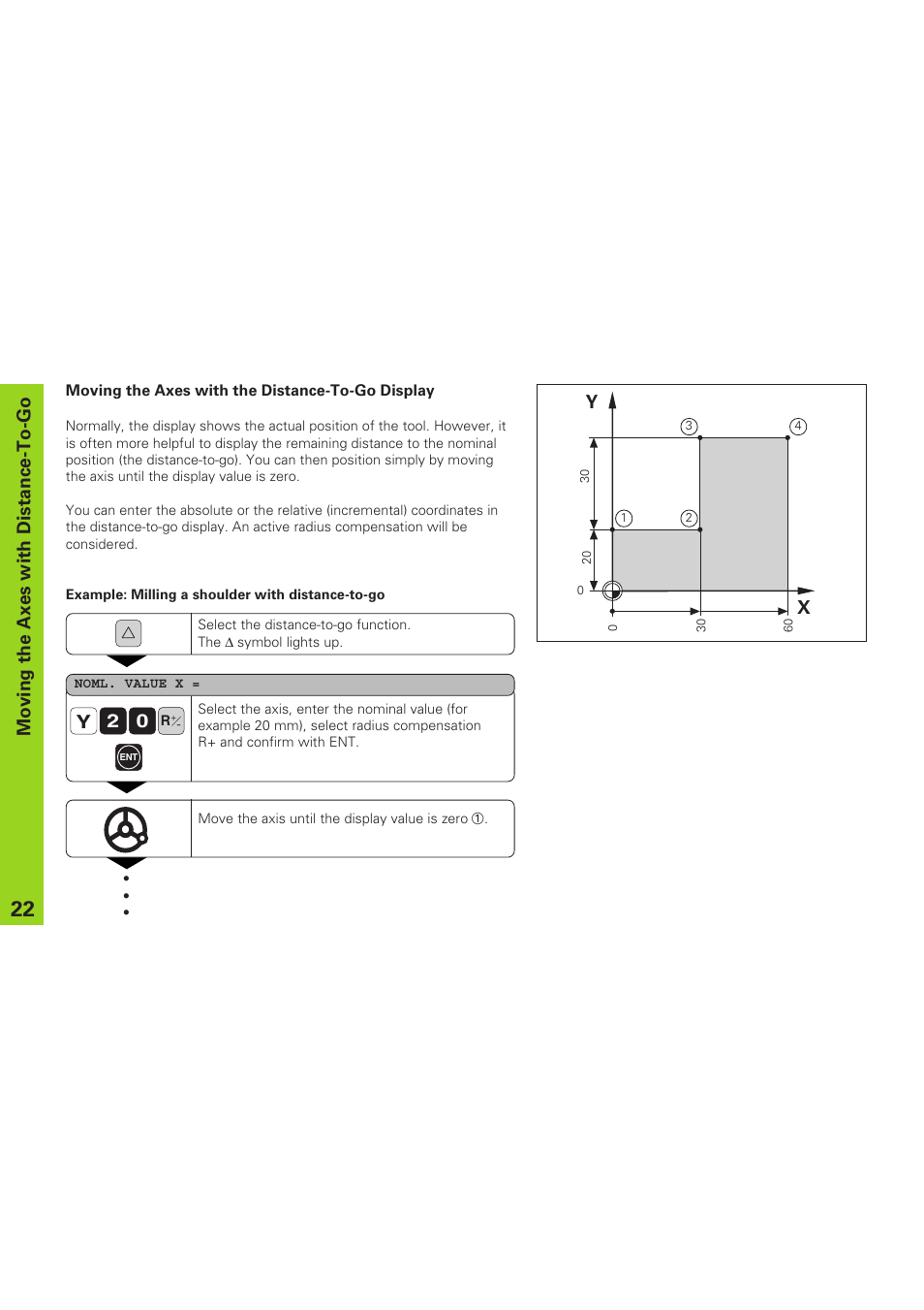 Moving the axes with distance-to-go, Y0 2 | HEIDENHAIN ND 920 User Manual | Page 22 / 68