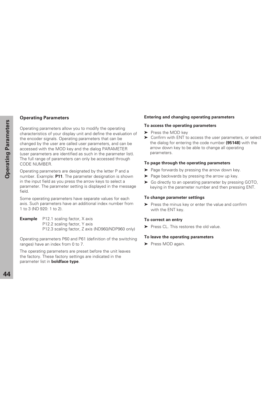 Operating parameters | HEIDENHAIN ND 920 User Manual | Page 44 / 68