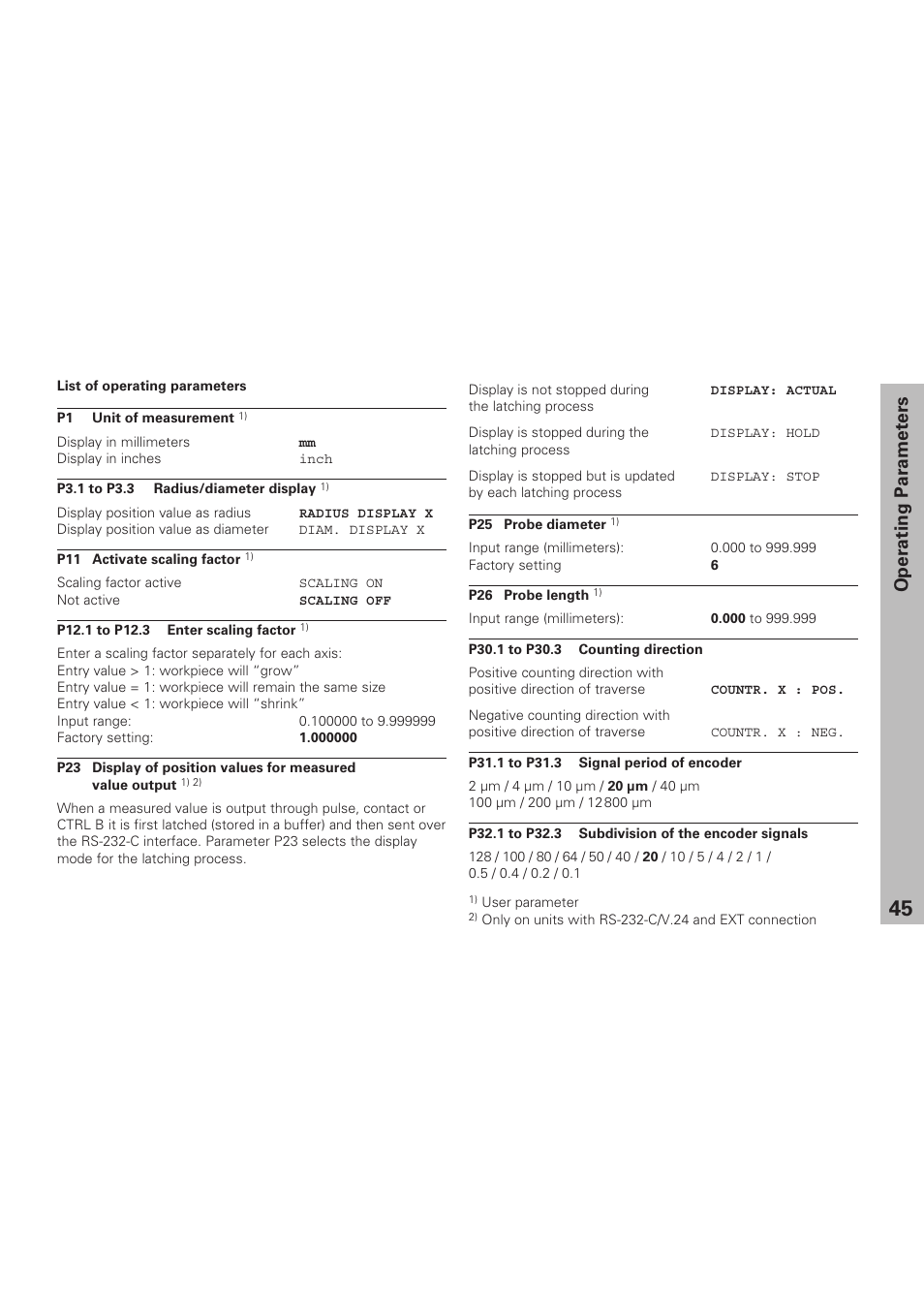 Operating parameters | HEIDENHAIN ND 920 User Manual | Page 45 / 68