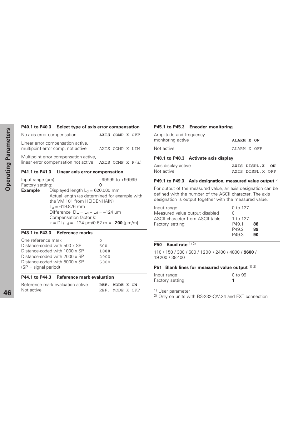 Operating parameters | HEIDENHAIN ND 920 User Manual | Page 46 / 68