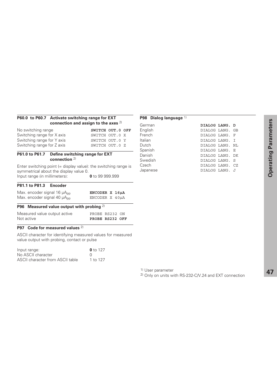 Operating parameters | HEIDENHAIN ND 920 User Manual | Page 47 / 68