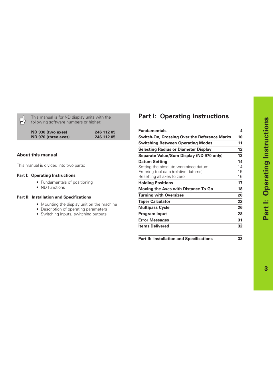 Par t i: operating instructions, Part i: operating instructions | HEIDENHAIN ND 930 User Manual | Page 3 / 47