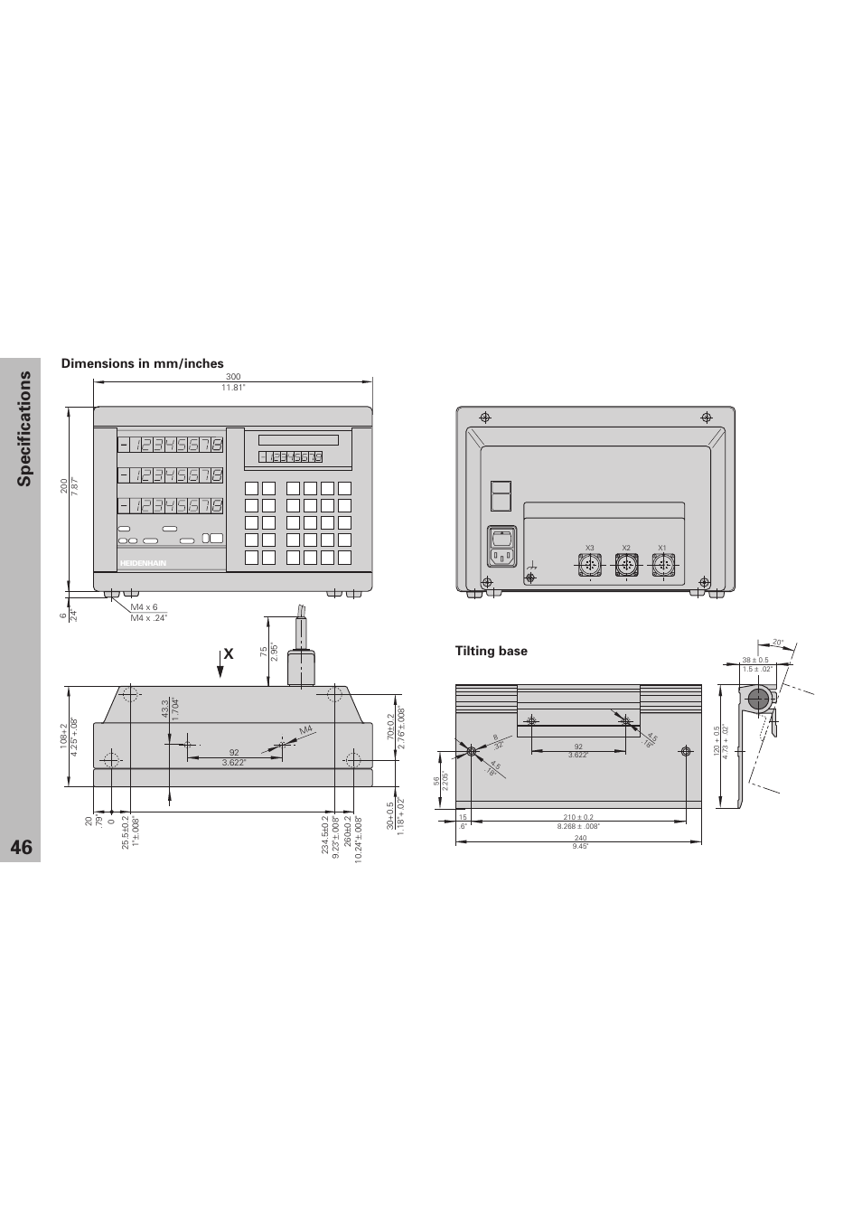 Dimensions, Specifications, Dimensions in mm/inches | Tilting base | HEIDENHAIN ND 930 User Manual | Page 46 / 47