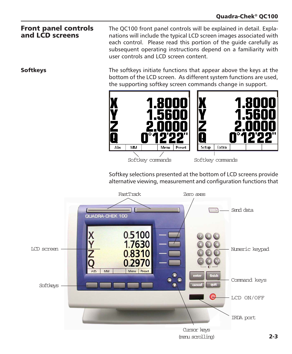 Front panel controls and lcd screens | HEIDENHAIN ND 1100 User Manual | Page 23 / 81