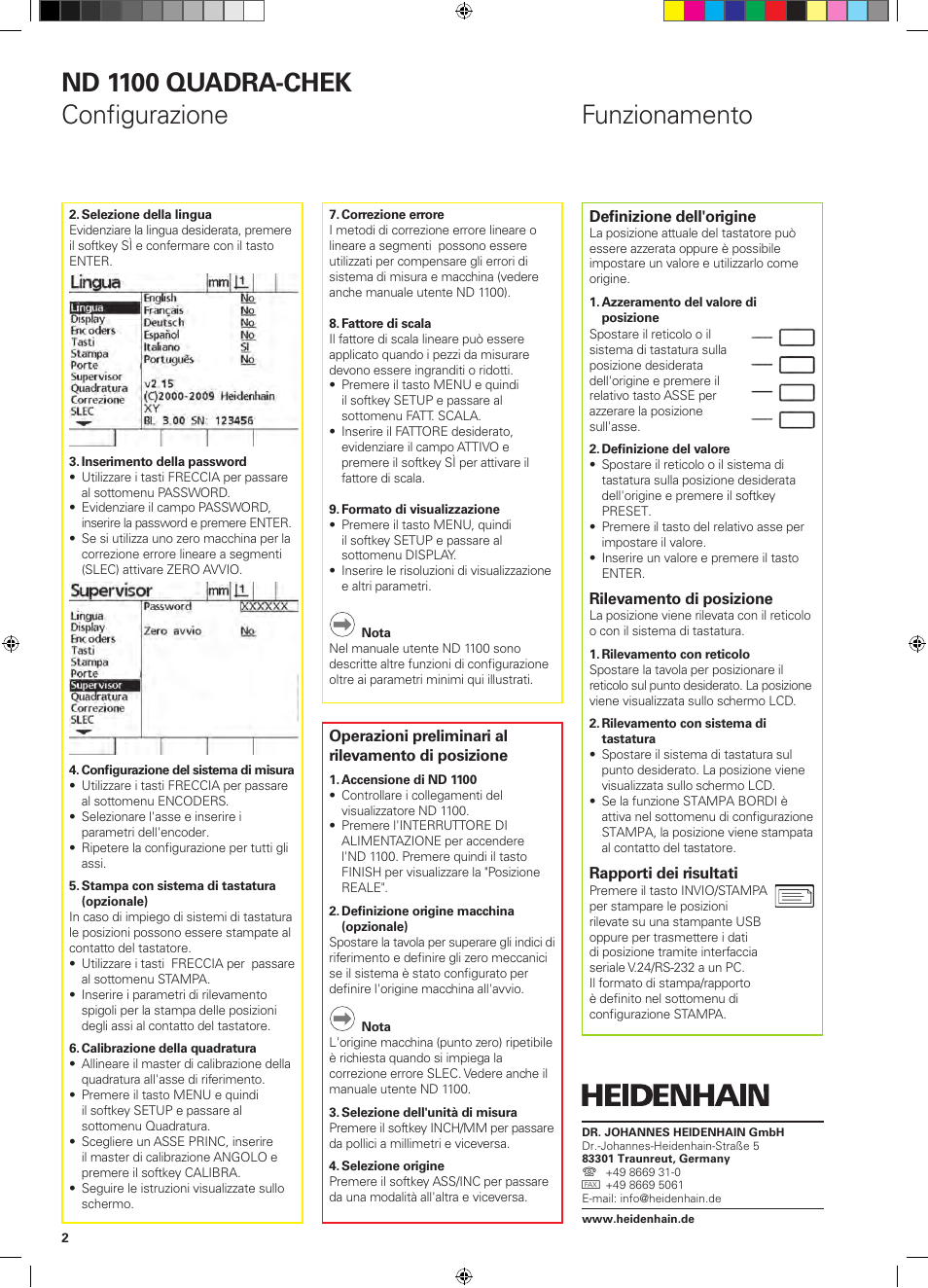 Funzionamento nd 1100 quadra-chek configurazione | HEIDENHAIN ND 1100 Quick Start User Manual | Page 10 / 36
