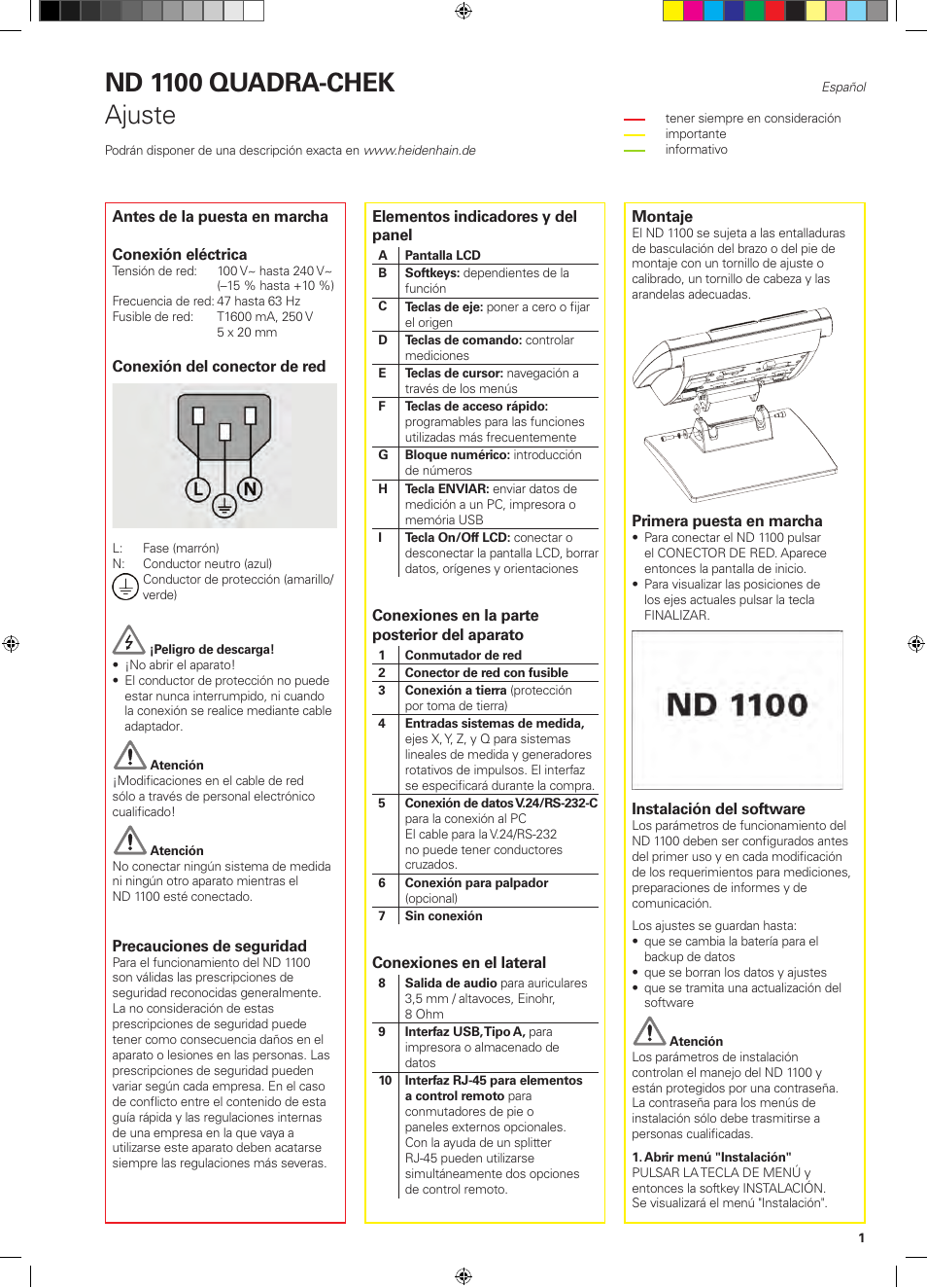 05_nd1100_es, Nd 1100 quadra-chek, Ajuste | HEIDENHAIN ND 1100 Quick Start User Manual | Page 11 / 36