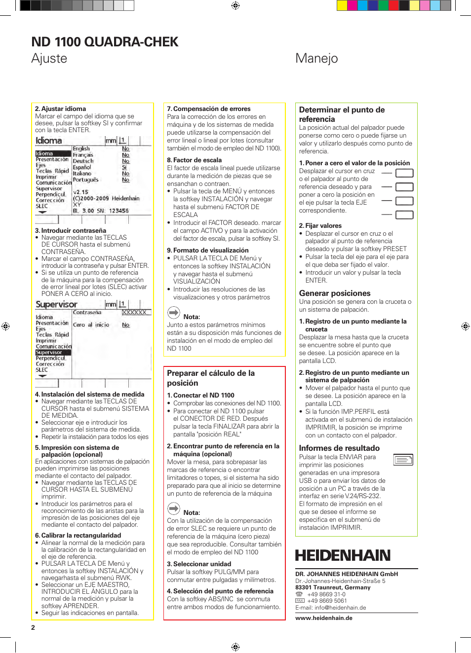 Manejo nd 1100 quadra-chek ajuste | HEIDENHAIN ND 1100 Quick Start User Manual | Page 12 / 36