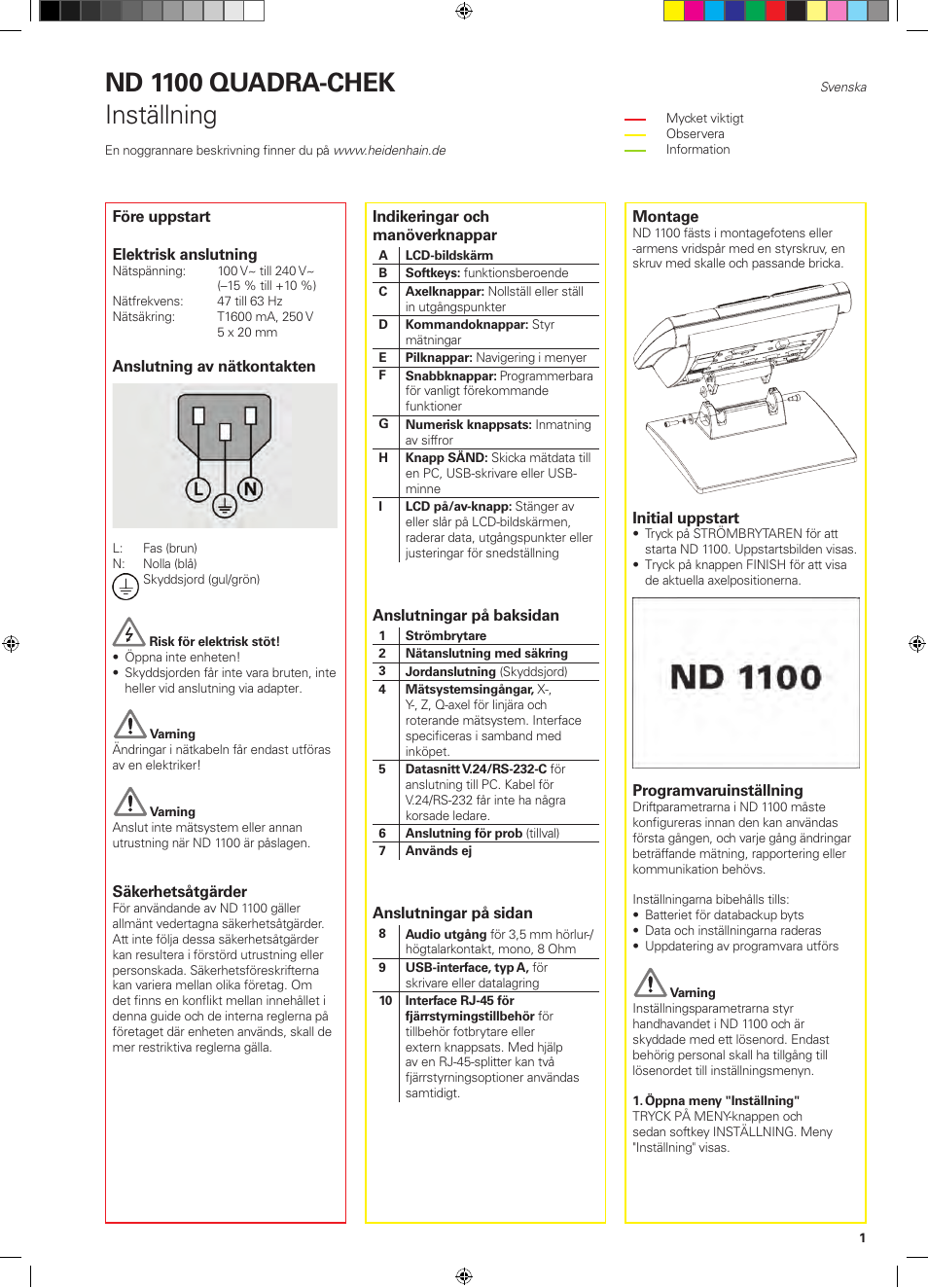 06_nd1100_sv, Nd 1100 quadra-chek, Inställning | HEIDENHAIN ND 1100 Quick Start User Manual | Page 13 / 36