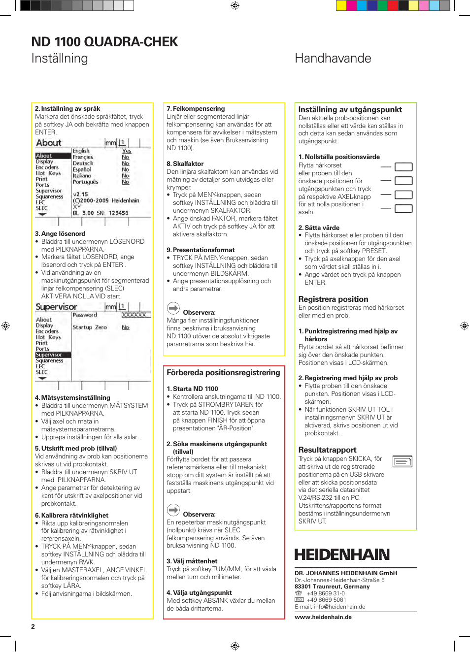 Handhavande nd 1100 quadra-chek inställning | HEIDENHAIN ND 1100 Quick Start User Manual | Page 14 / 36