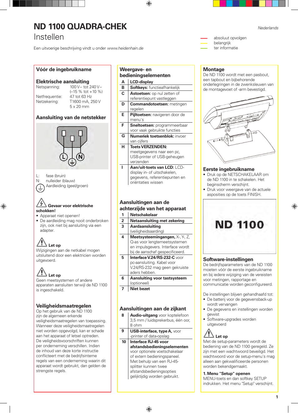 07_nd1100_nl, Nd 1100 quadra-chek, Instellen | HEIDENHAIN ND 1100 Quick Start User Manual | Page 15 / 36
