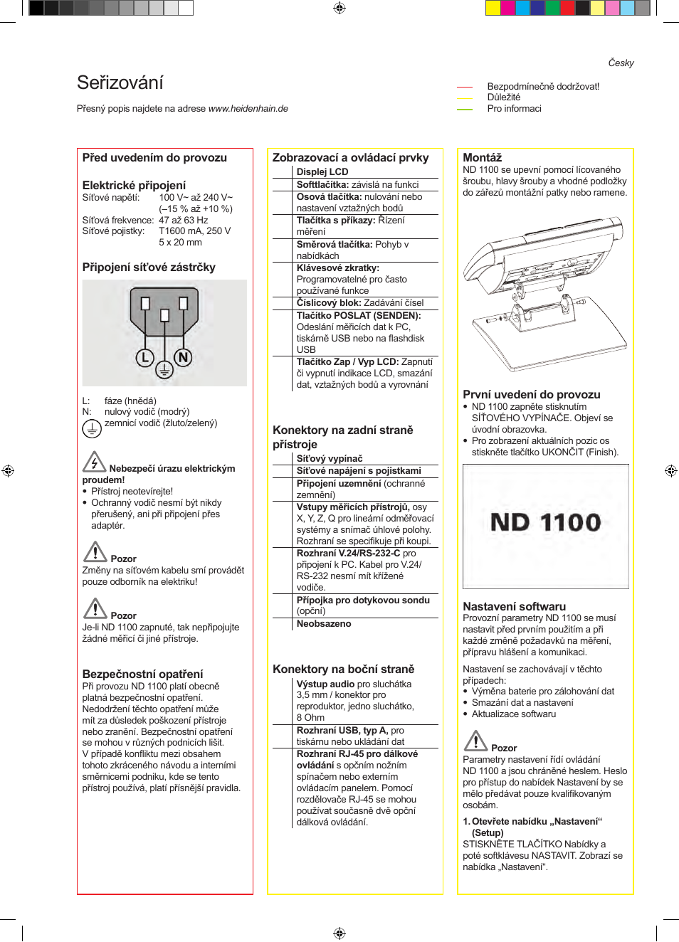 08_nd1100_cs, Nd 1100 quadra-chek, Seřizování | HEIDENHAIN ND 1100 Quick Start User Manual | Page 17 / 36