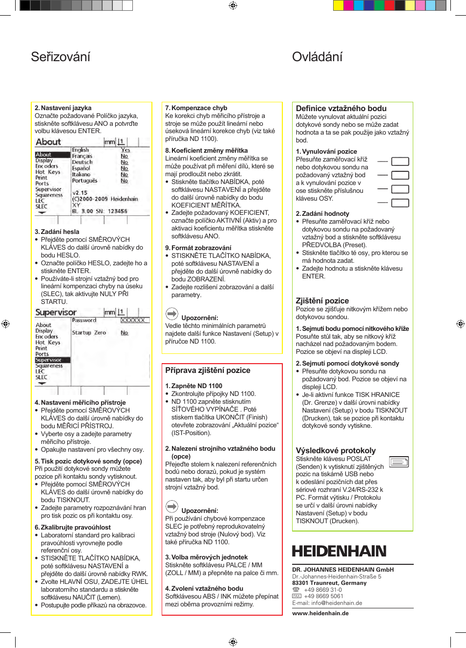 Ovládání nd 1100 quadra-chek seřizování | HEIDENHAIN ND 1100 Quick Start User Manual | Page 18 / 36