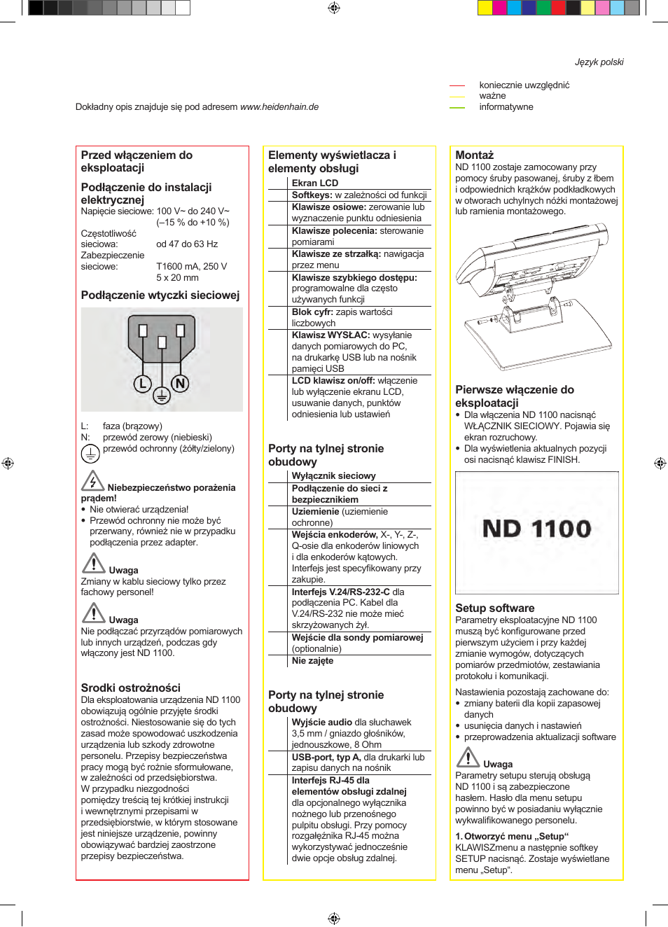 10_nd1100_pl, Nd 1100 quadra-chek, Nastawienie | HEIDENHAIN ND 1100 Quick Start User Manual | Page 21 / 36