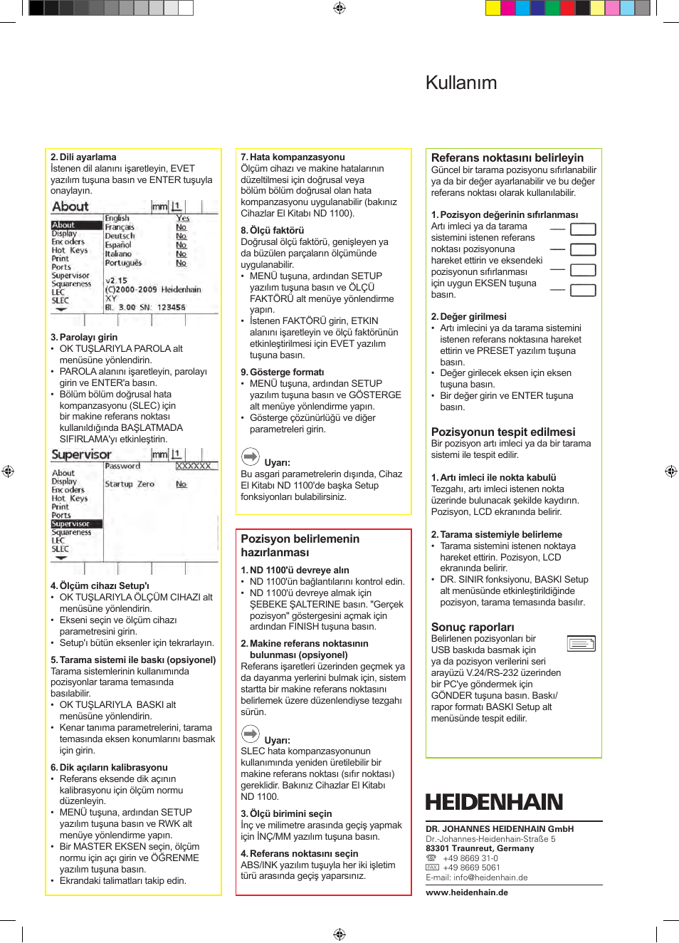 Kullanım nd 1100 quadra-chek düzenleme | HEIDENHAIN ND 1100 Quick Start User Manual | Page 26 / 36