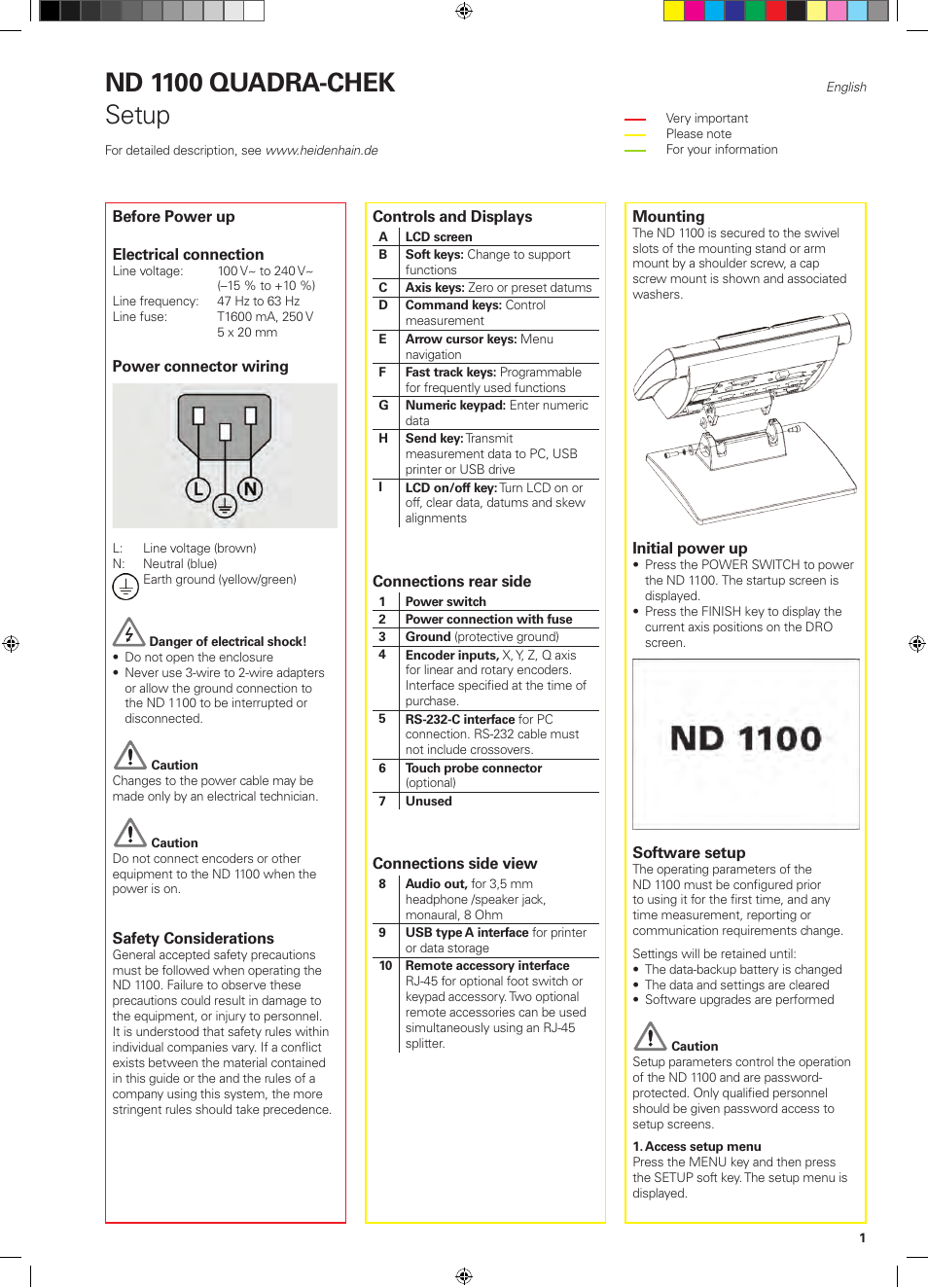 01_nd1100_quickreference_en, Nd 1100 quadra-chek, Setup | HEIDENHAIN ND 1100 Quick Start User Manual | Page 3 / 36