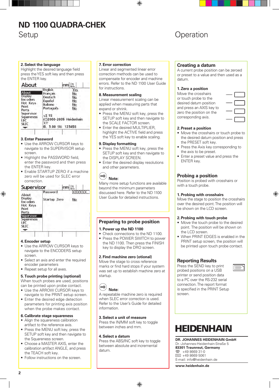 Operation nd 1100 quadra-chek setup | HEIDENHAIN ND 1100 Quick Start User Manual | Page 4 / 36